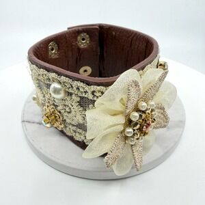 Statement Lace Leather Cuff Bracelet Gold Tone Floral Faux Pearl Festival Gift